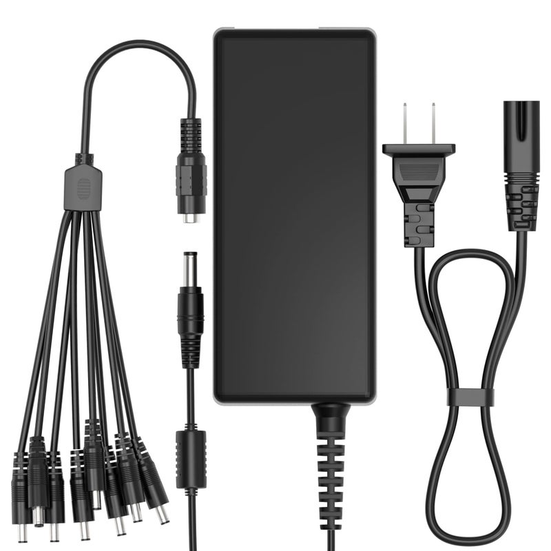 ABLEGRID Charger Compatible with Security Camera 12V 5A 60W 2-Prong Plug AC to DC 2.5x5.5mm w/8-Way Power Splitter Cable Power Supply for CCTV Security Camera DVR, LED Strip Lights - Image 1